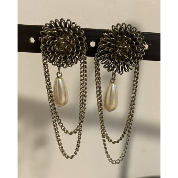 Vintage Silver Tone Starburst Floral Pierced Earrings Faux Pearl Crystal Accents - Picture 3 of 5
